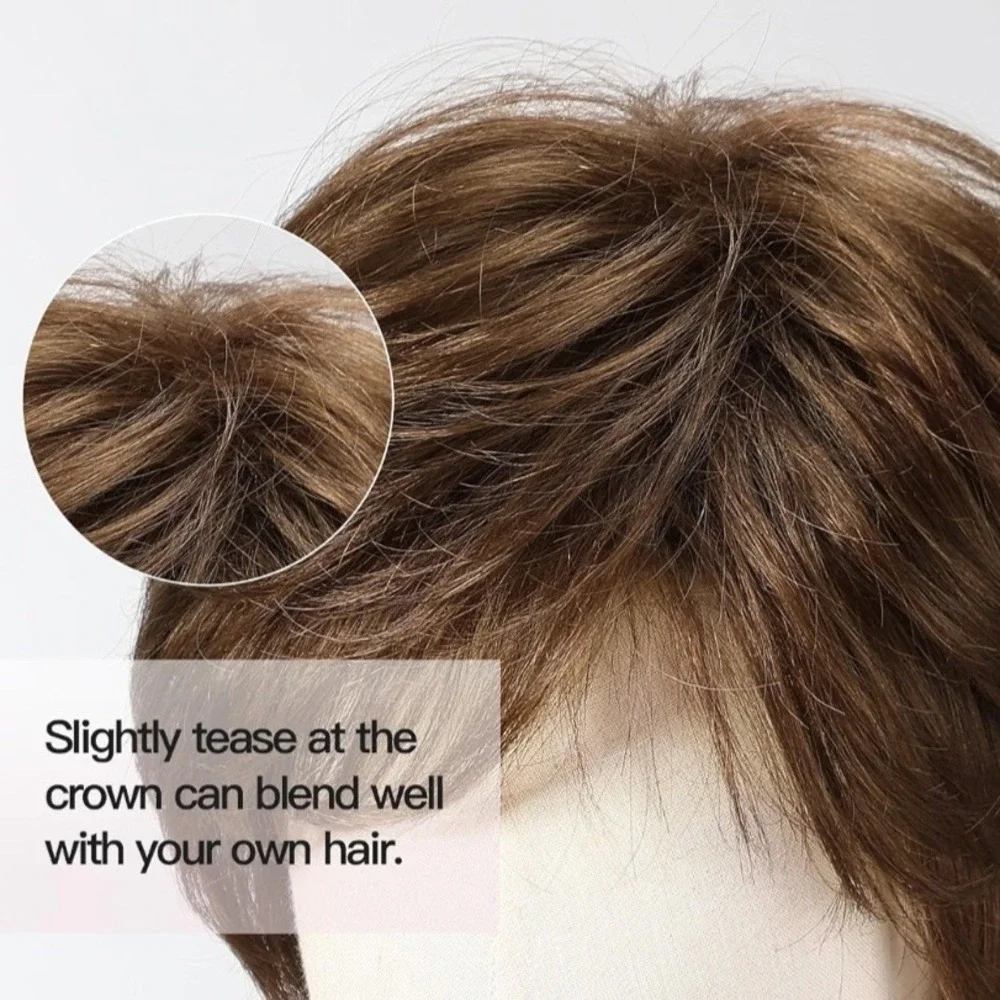 Brown Pixie Cut Wig Wavy Human Synthetic Blend Heat Friendly NEW